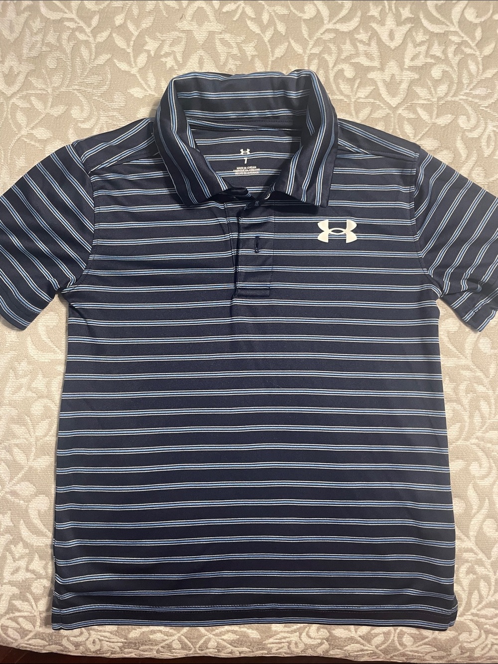 Boys Under Armour Navy Polo with Light Blue Stripes